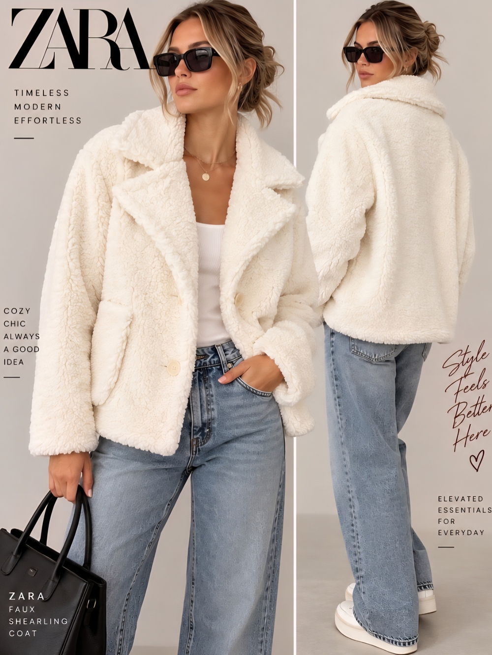 ZARA Cream Ivory Teddy Sherpa Faux Shearling Coat Button Front NWT
